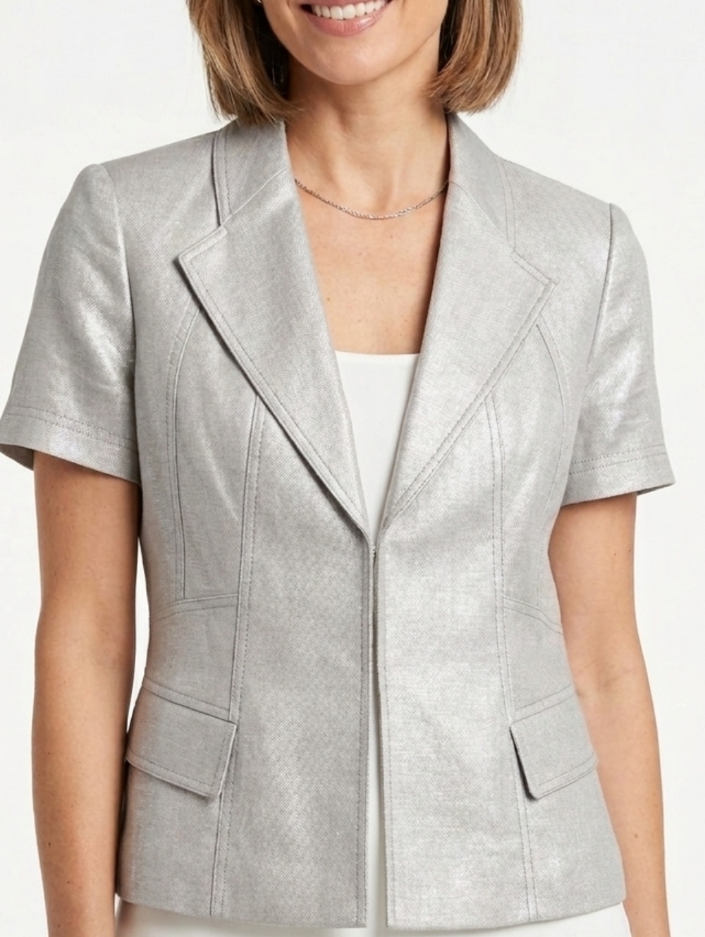 AK ANNE Klein Santa Barbara Linen Blend Silver SS Jacket Size 8